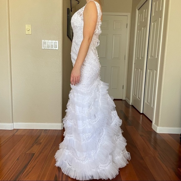 GALINA SIGNATURE Floral Ruffle Lace Beads Fit and Flare Wedding Maxi Dress Sz 0 - Picture 7 of 16